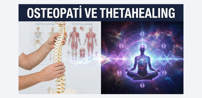 Omurga modeli ve meditasyon yapan figürle Osteopati ve ThetaHealing