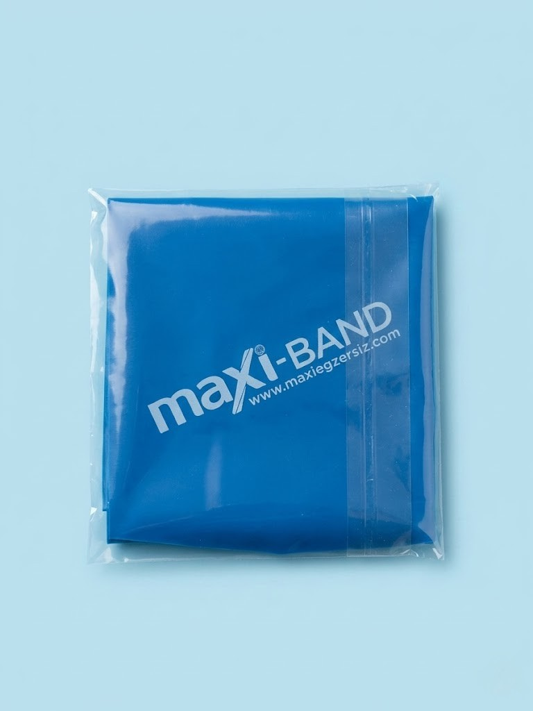 Şeffaf ambalaj içerisinde katlanmış mavi renkli Maxiband 1.5 metre egzersiz bandı.