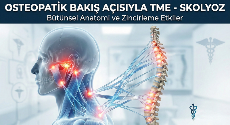 Çene eklemi (TME) ve omurga (skolyoz) arasındaki fasyal bağlantıları gösteren bütünsel anatomi tablosu.