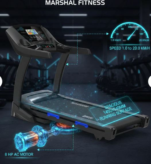 Thumbnail: Marshal Fitness 8HP Home Treadmill – 20% Auto Incline, 1–20 Km/H Speed, LCD Disp