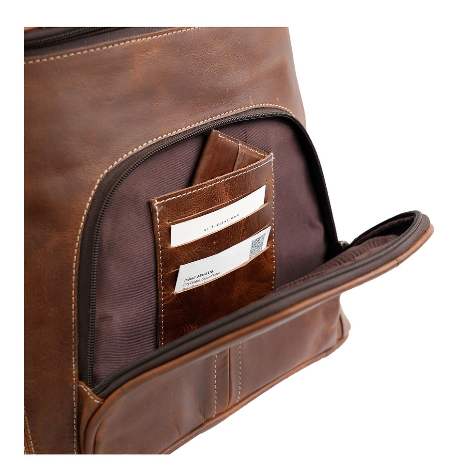 Thumbnail: Front zipper pocket open on Strive leather backpack, showcasing organized compartments and card holder