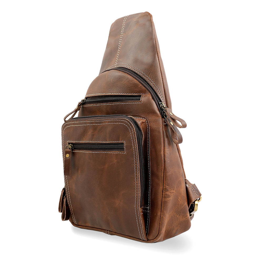Thumbnail: Side view of Charlie reversible leather backpack purse in full-grain brown leather