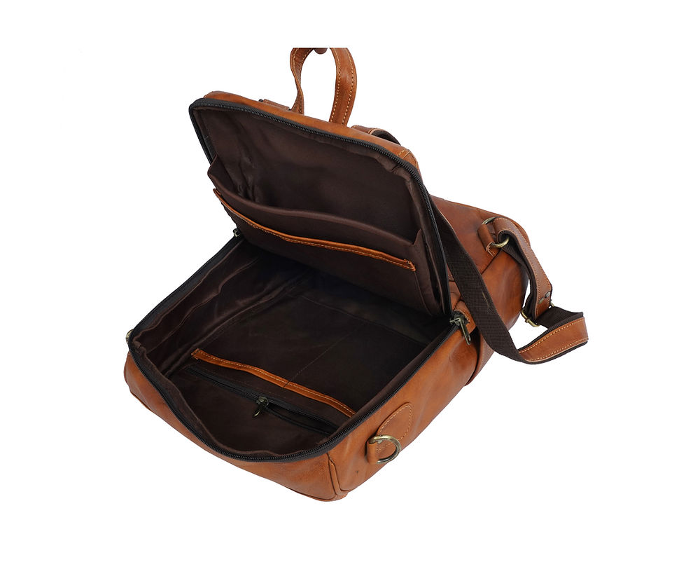 Thumbnail: Spacious leather backpack interior with laptop compartment and slip pockets