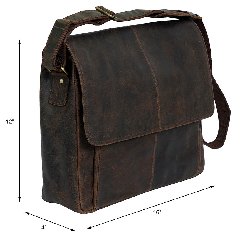 Thumbnail: Side profile of personalized brown leather satchel briefcase with shoulder strap