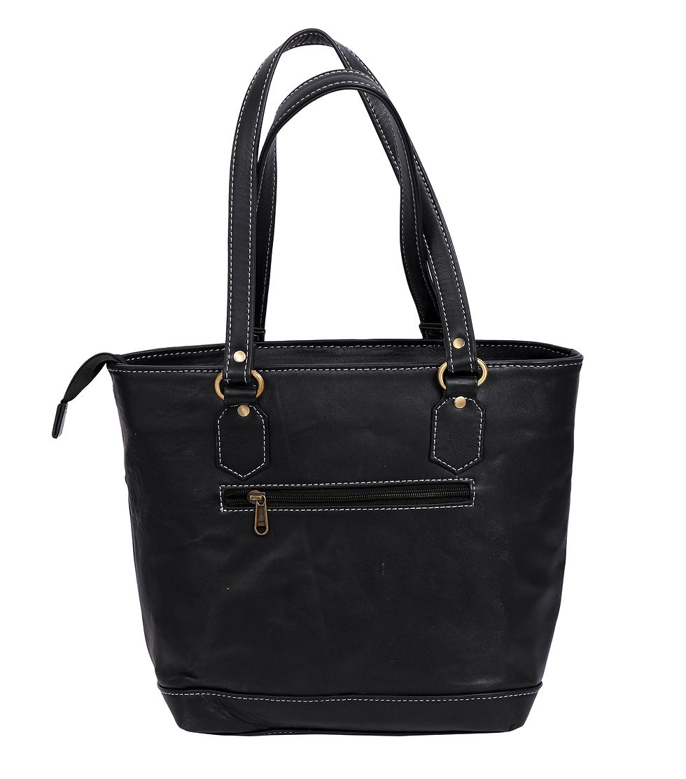 Thumbnail: Viora Black Leather Tote Bag - back view showing compact 11-inch elegant design