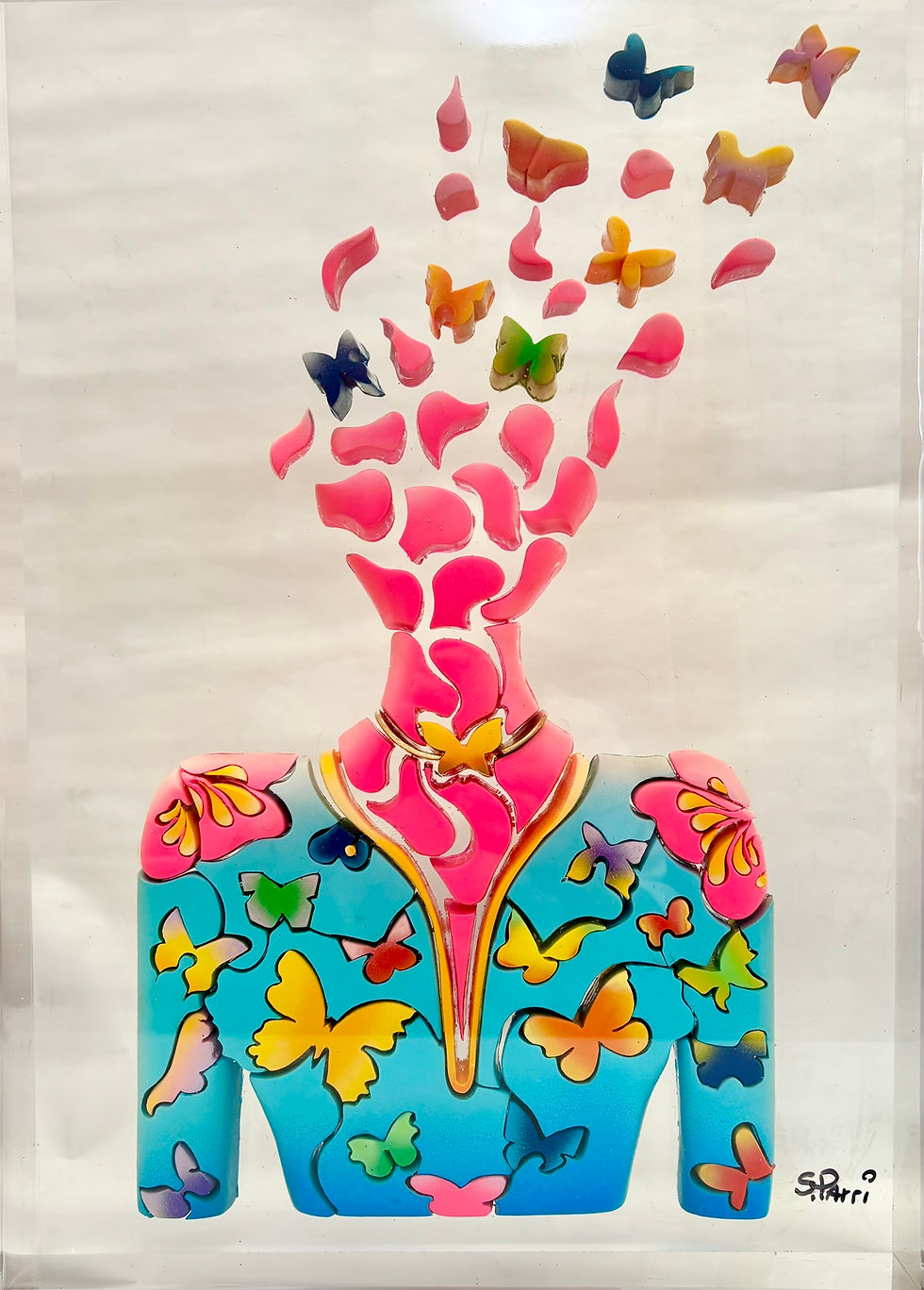 Polystyrene, acrylic colors in a Plexiglass Box filled with transparent resin. (
made for outdoors)