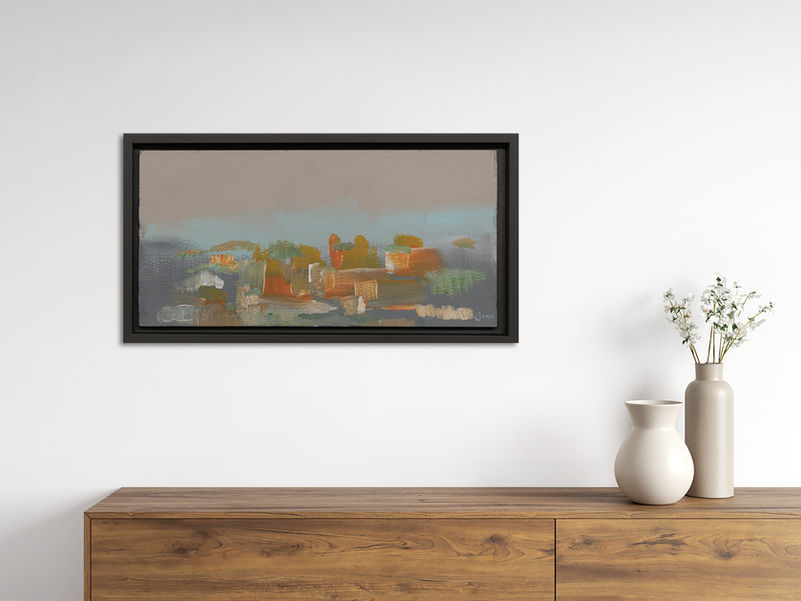 Urbane Landschaftsmalerei, Titel: Montepulciano, Acryl auf Wellpappe, Rahmen: Holz, Acr. braun in Anwendung