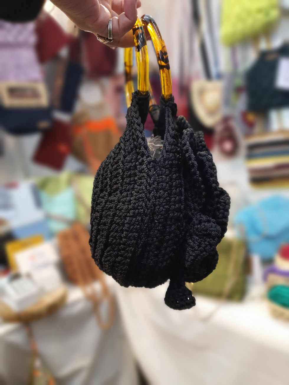 Black crochet 3d flower bag side view