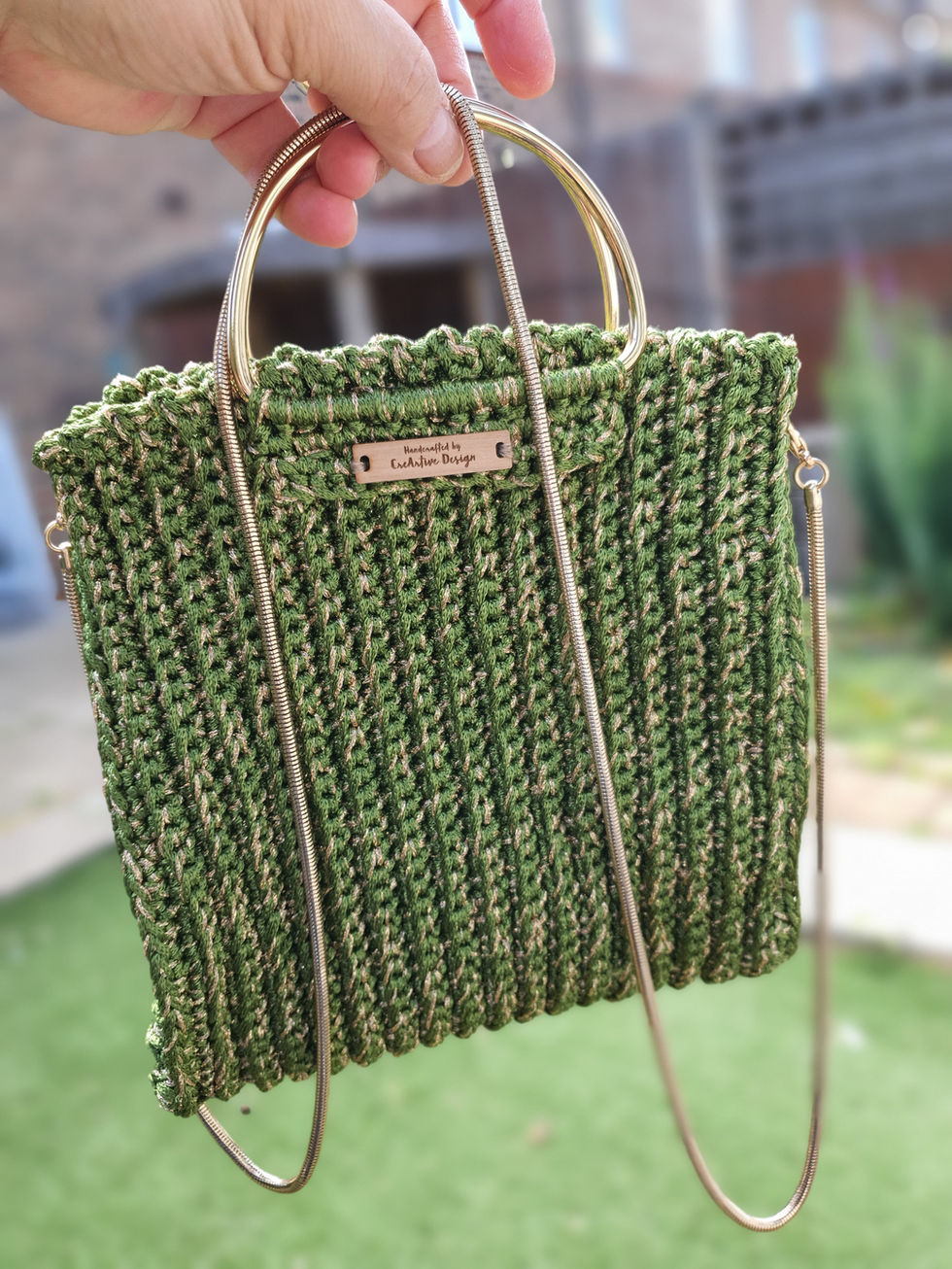 Crochet khaki and gold shoulder bag with gold chain strap