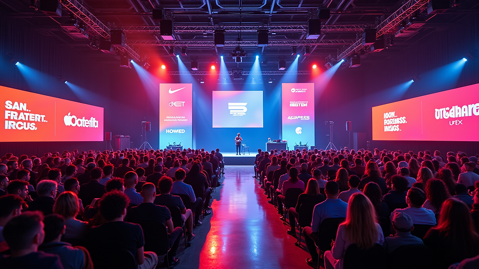 High angle view of a branded event space with sponsor logos and entrepreneur booths
