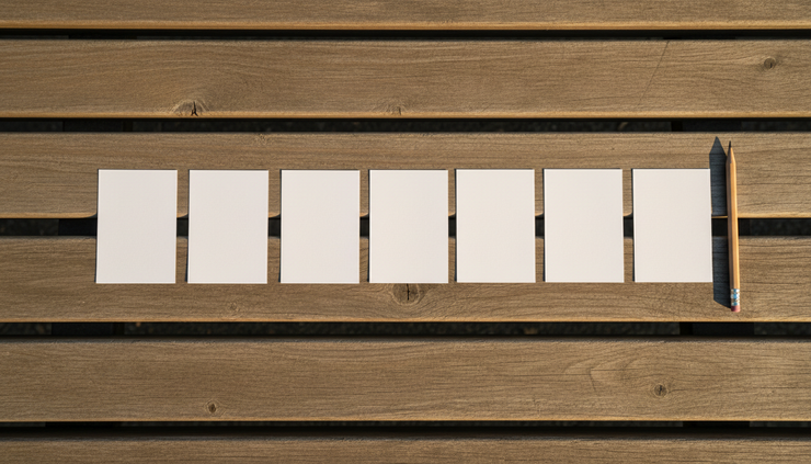Overhead view of seven small paper cards arranged in a straight line on a wooden bench