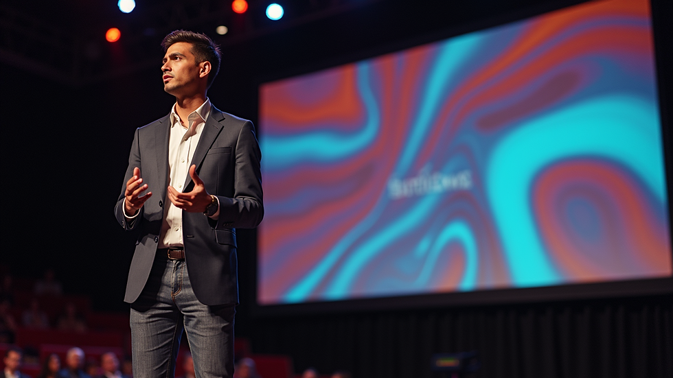 Eye-level view of a confident entrepreneur presenting a business pitch