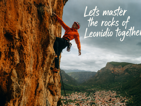 climbing instructor is climbing above leonidio on LEONIDIO CLIMBING WORKSHOP