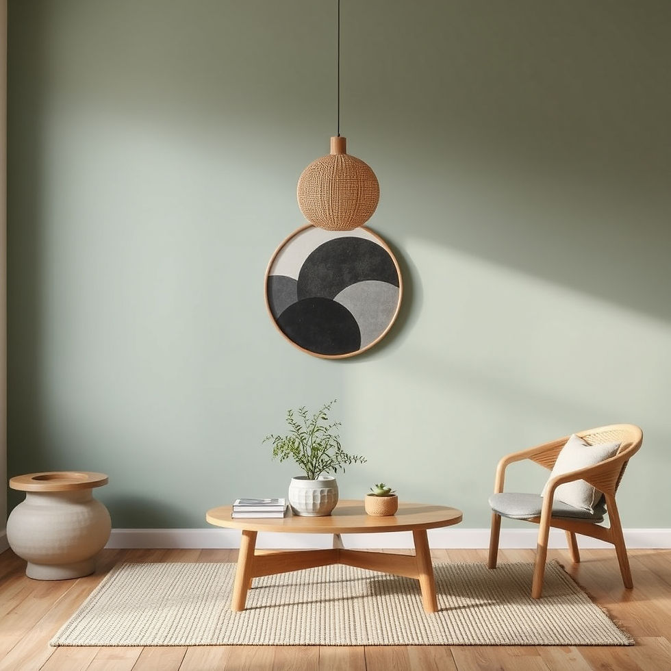 A serene and minimalist living room featuring a light wooden coffee table adorned with potted plants and books, complemented by a woven chair. The soft green walls are highlighted by modern, circular wall art and a matching pendant light.