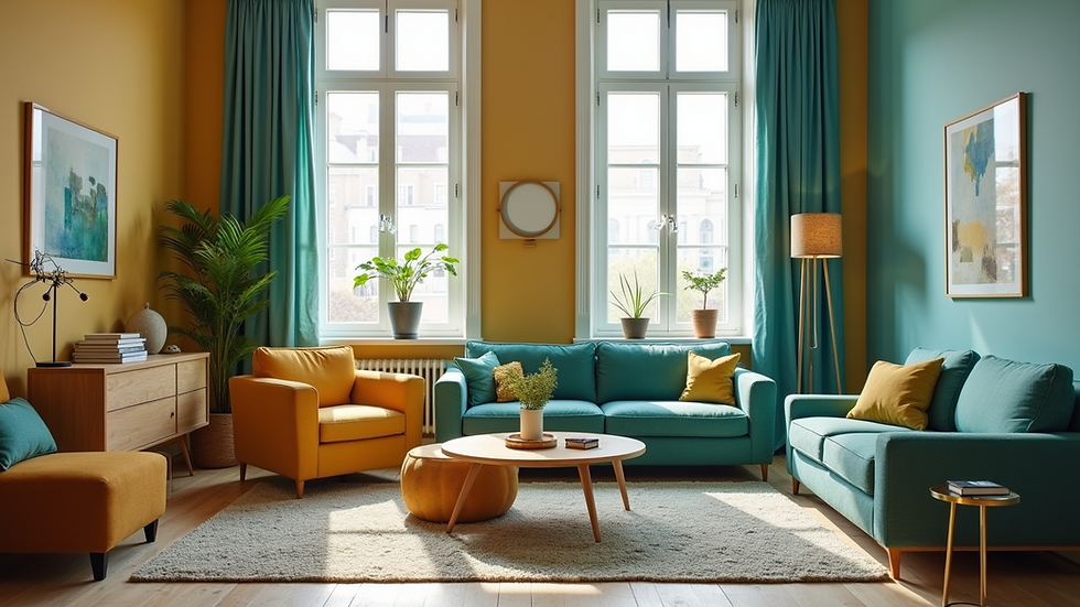 High angle view of a vibrant living room with bold teal and mustard accents