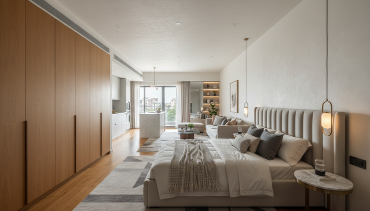 Wide-angle view of a calm luxury bedroom in a Pune apartment