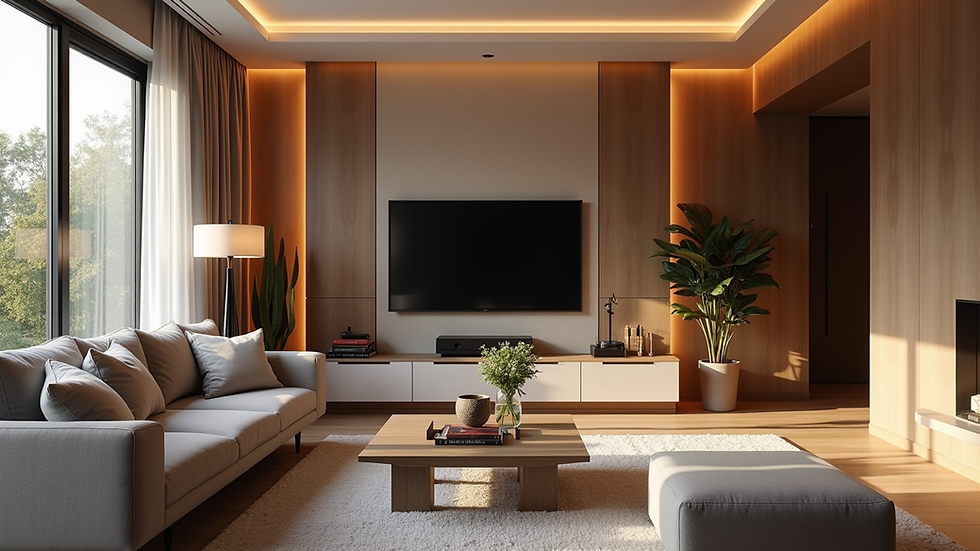 Eye-level view of a modern living room with elegant furniture and warm lighting