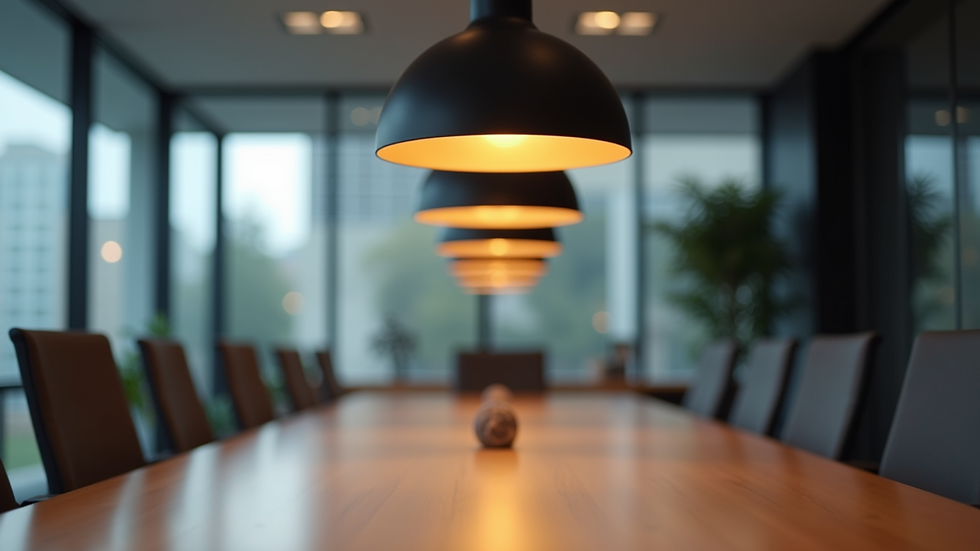 Close-up view of stylish pendant lights hanging over a modern conference table