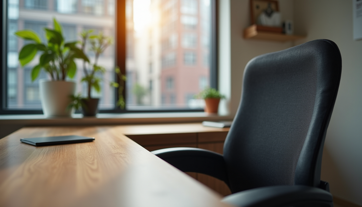 Close-up view of a stylish ergonomic chair next to a wooden desk