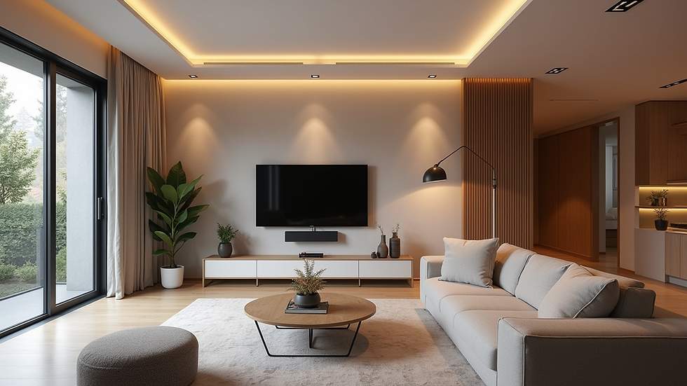 Eye-level view of a modern living room designed by Viona2 in Pune