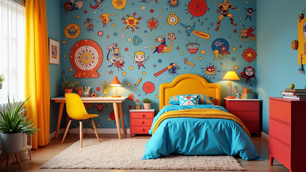 Eye-level view of a colorful bedroom with superhero wallpaper