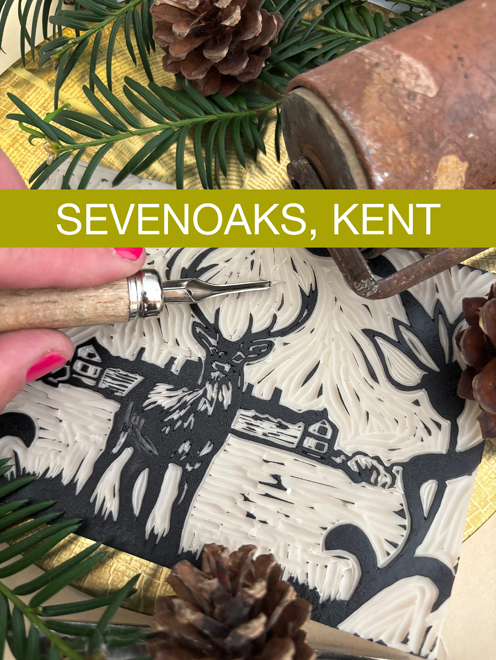 Linocut winter greetings cards at Knole House, Sevenoaks