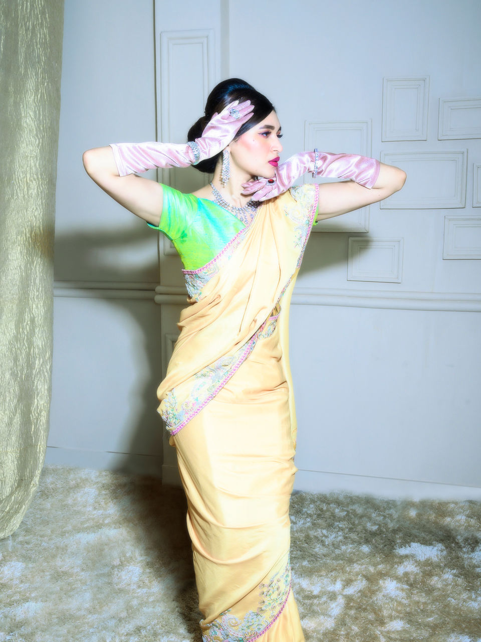 Yellow retro saree with green blouse
