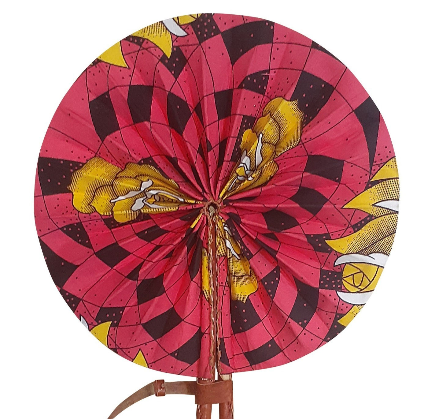 African Folding Hand Fan Pink Black Yellow Quality Fabri
