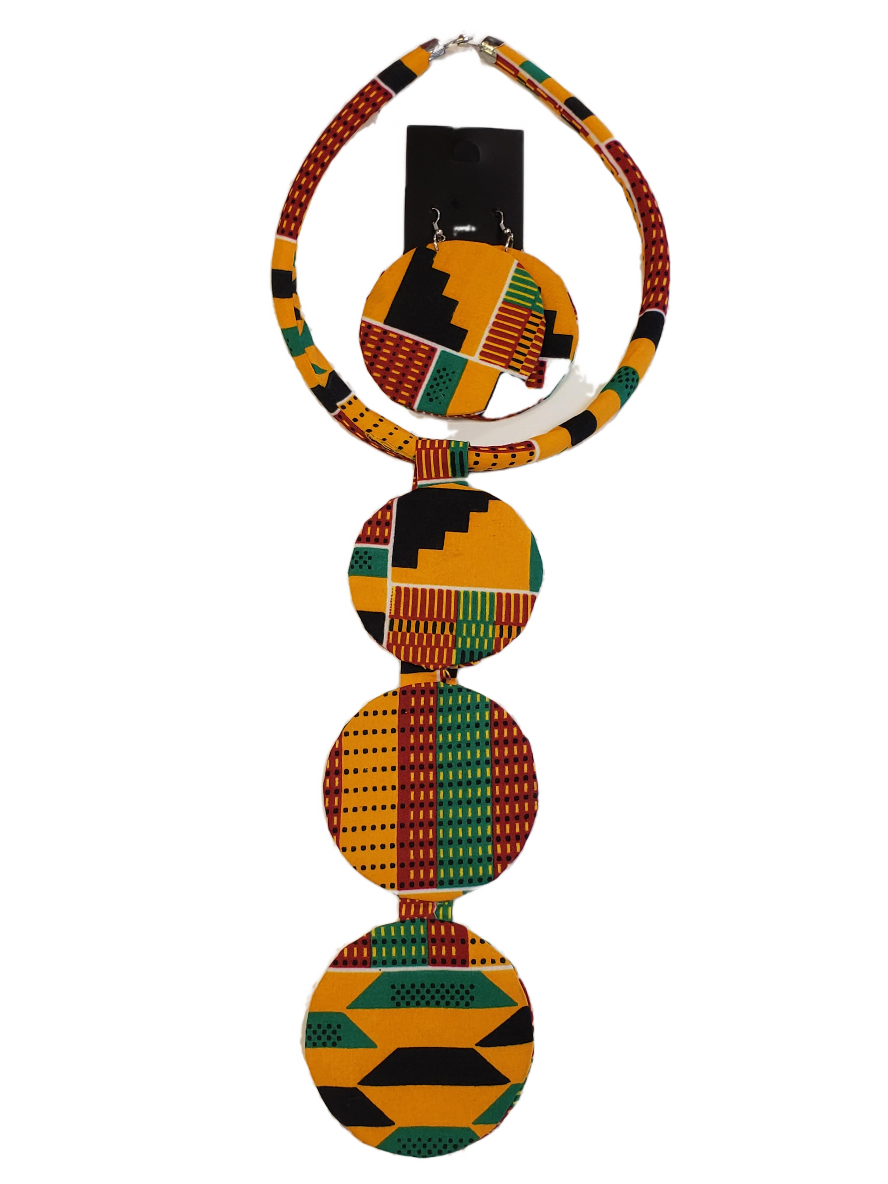 African Ankara Kente Print Fabric Necklace with Earrings Orange Black