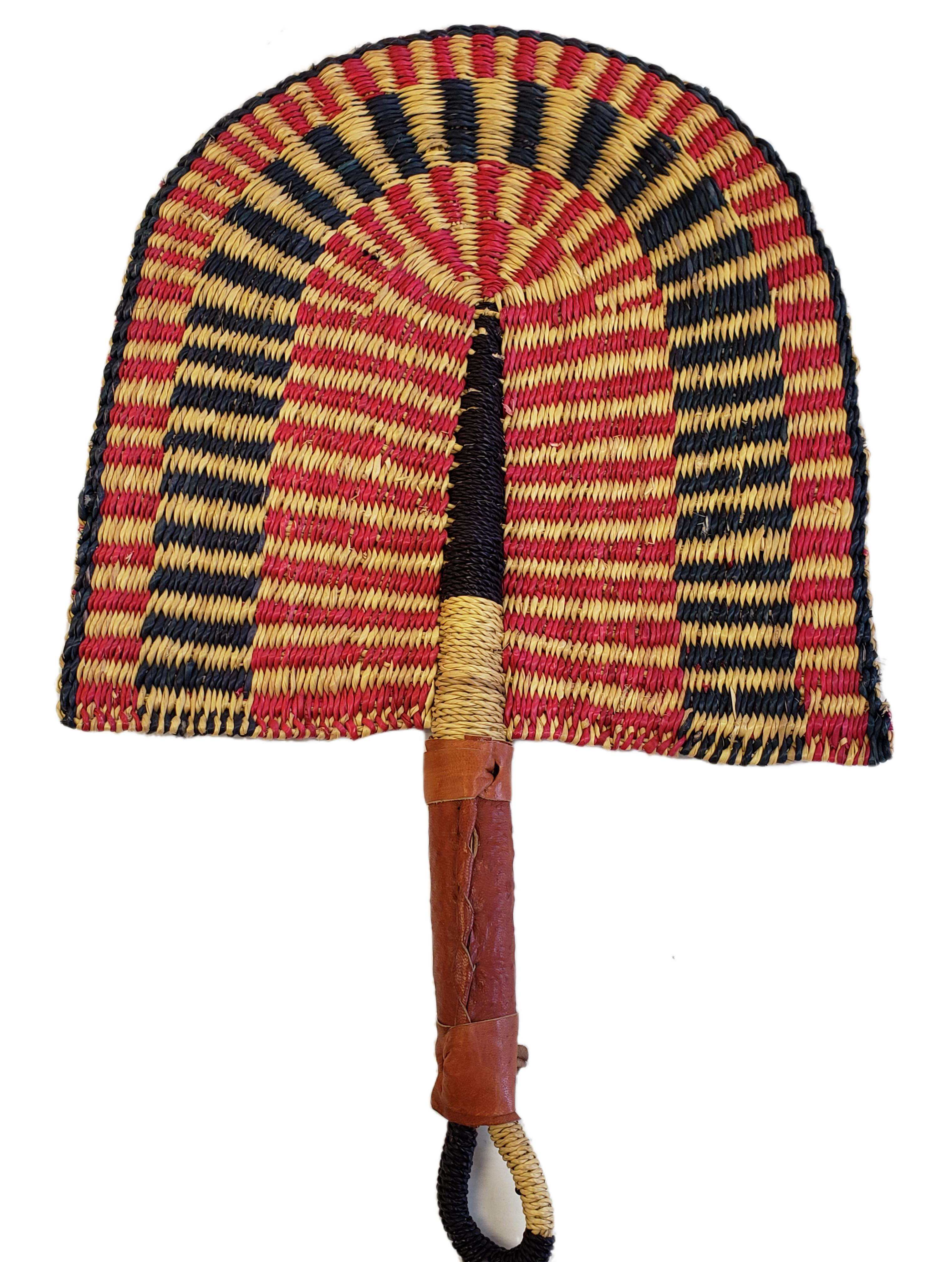 Handmade African Straw Fan with Leather Handle (Magenta Blue)