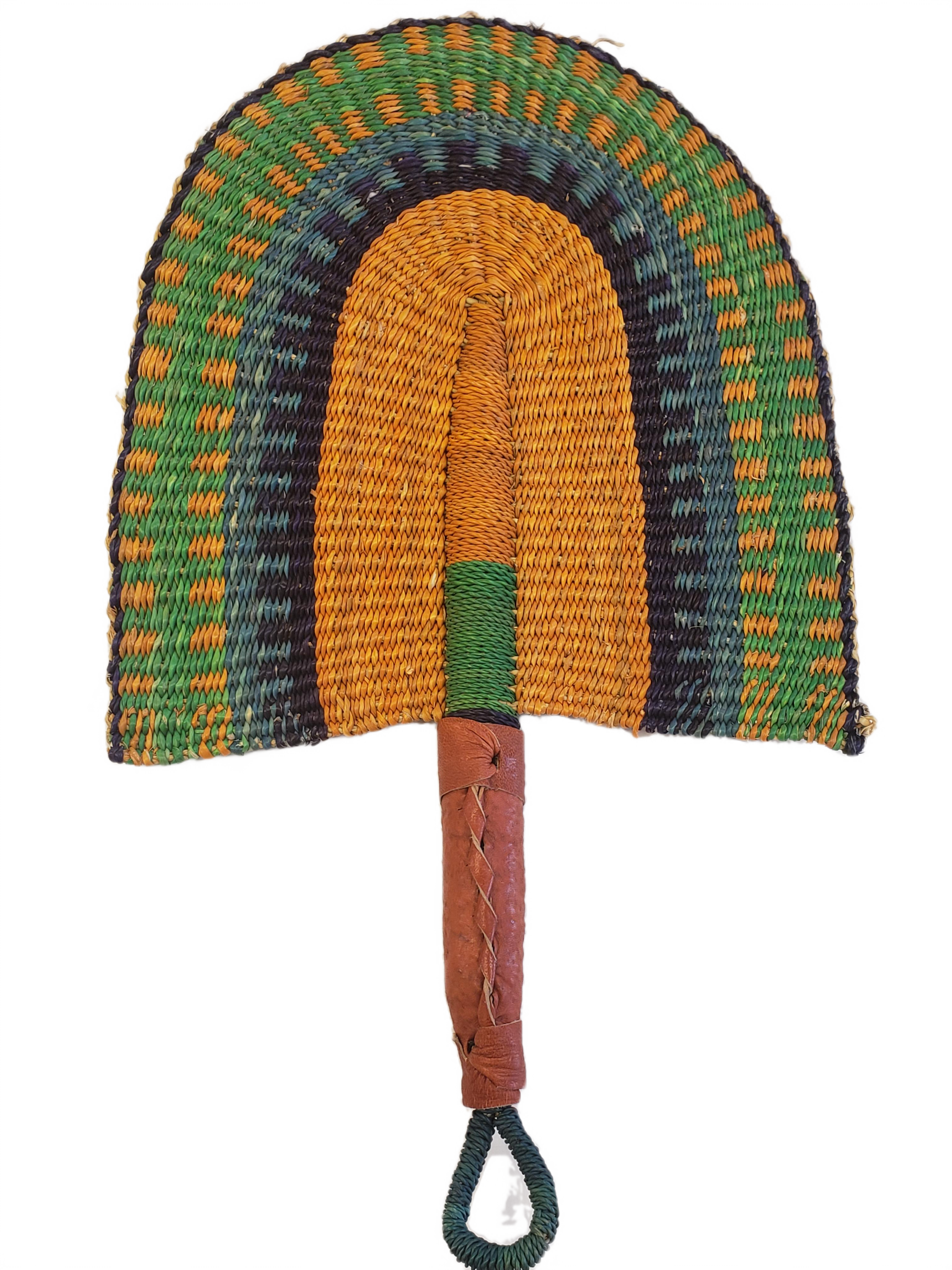 Handmade African Straw Fan with Leather Handle (Orange Green Blue)