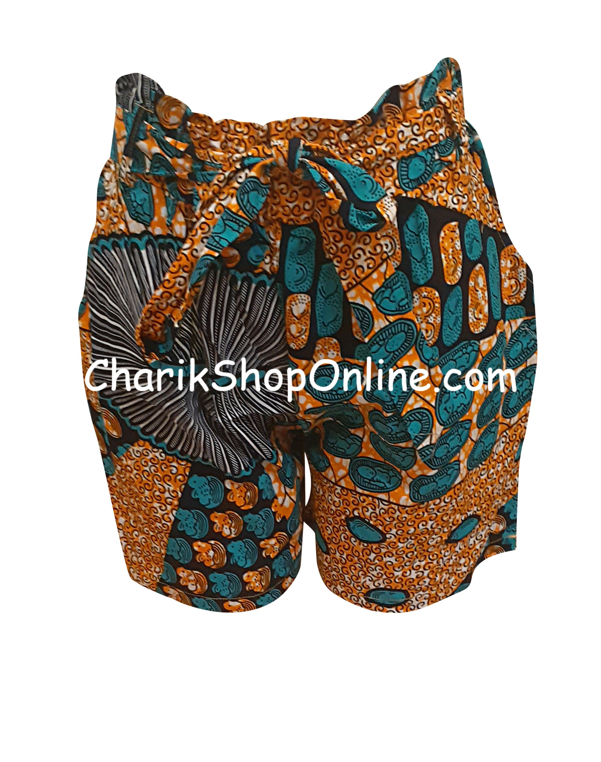 African Ankara print shorts with belt Teal Pebble