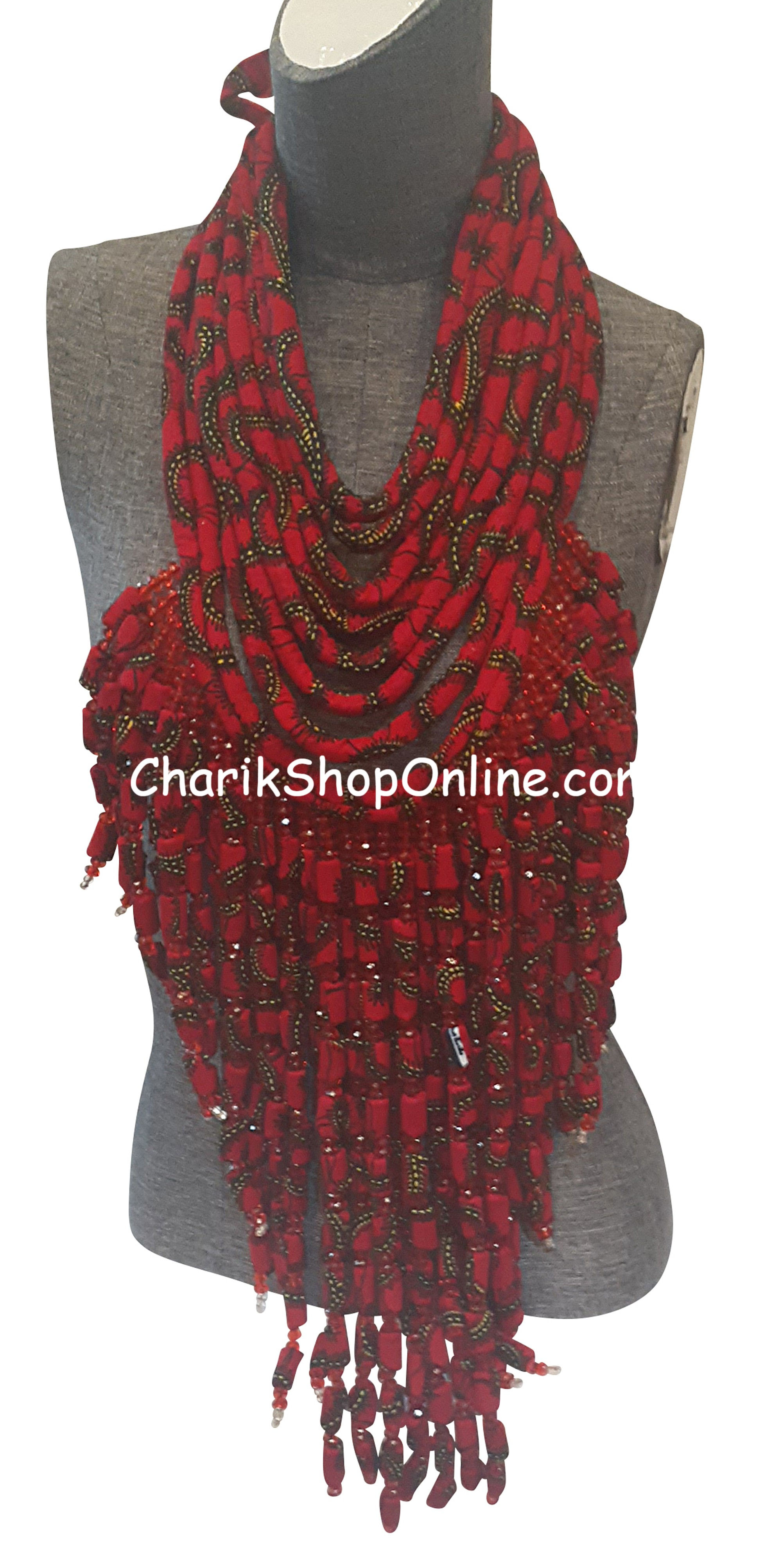 Ankara Print Full Length Beaded Statement Necklace Red