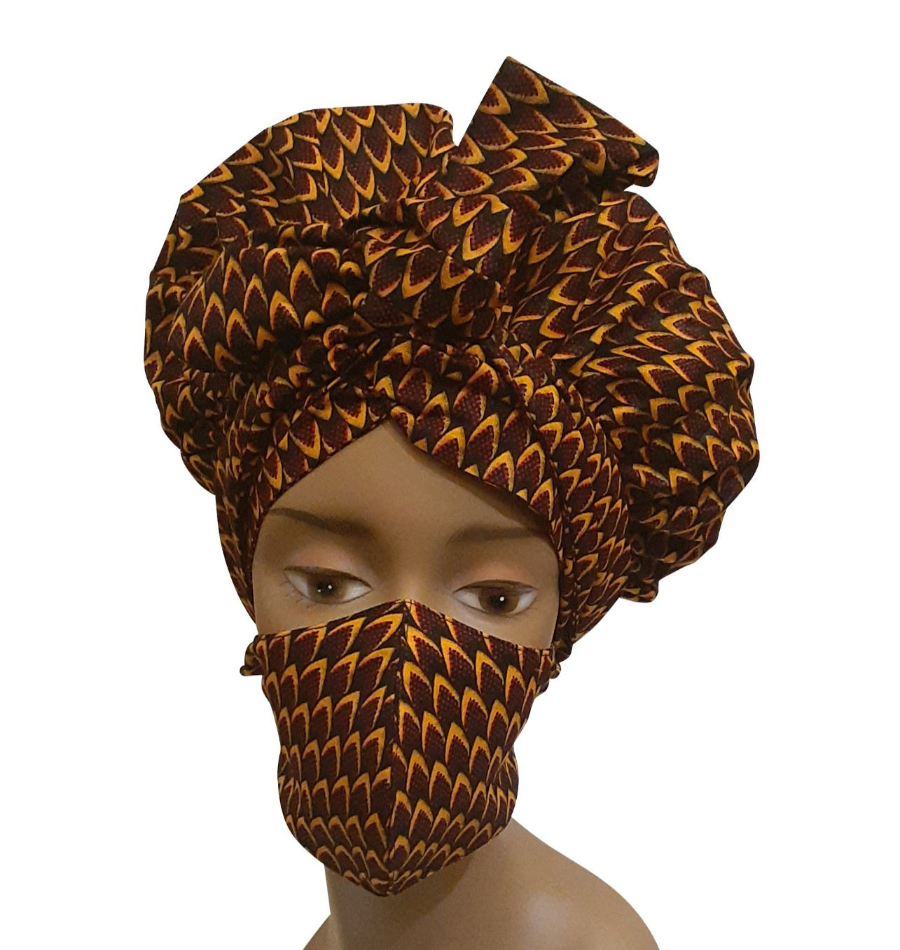 African print adult sized satin Brown Bonnet with mask
