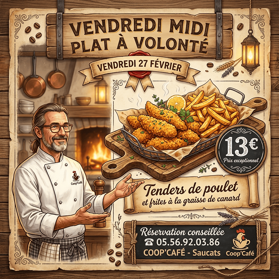 Tenders de poulet et frites maison à la graisse de canard