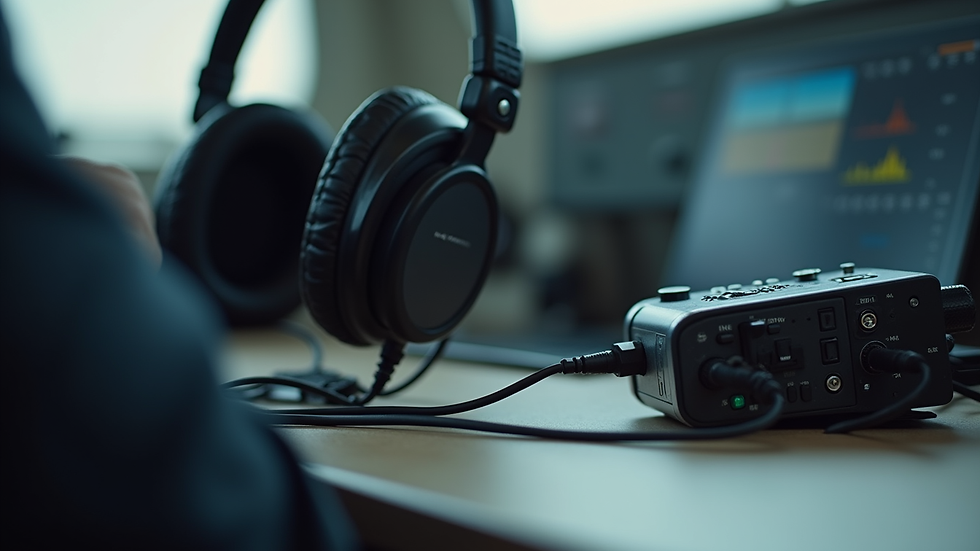 Close-up view of pilot headset and audio device on a desk