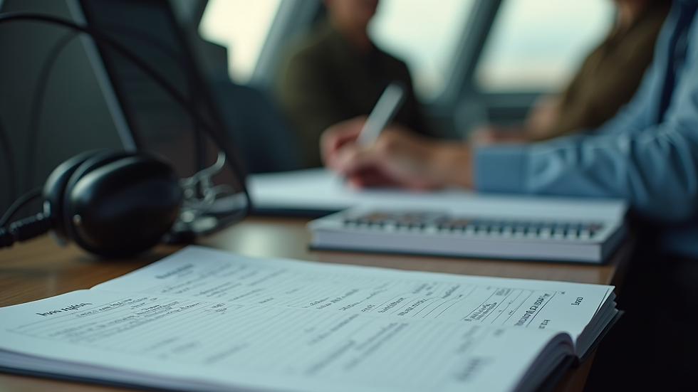 Close-up view of a pilot’s logbook and headset on a desk