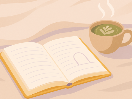 Minimalist illustration of a woman journaling with a cup of matcha, conveying calmness, self-reflection, and the ritual of a daily journal for women.