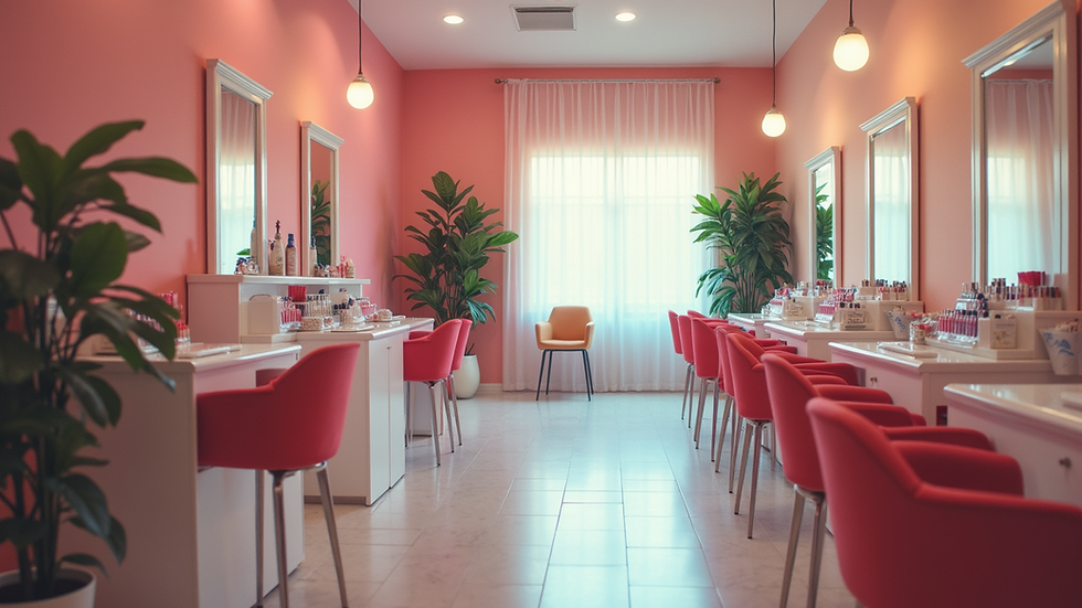 Eye-level view of well-organized nail salon interior with vibrant colors