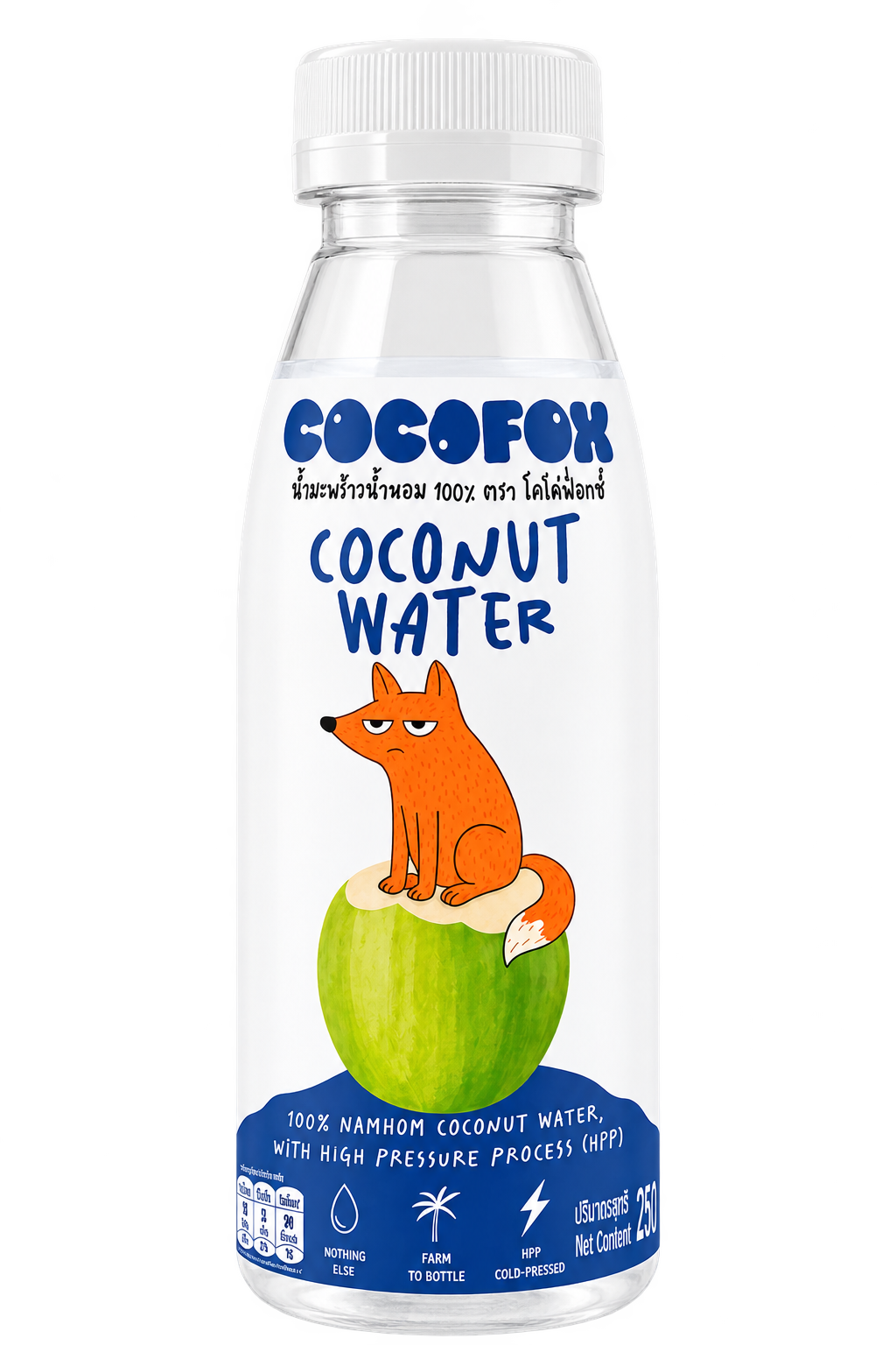 CocoFox 250 ml coconut water bottle, front label