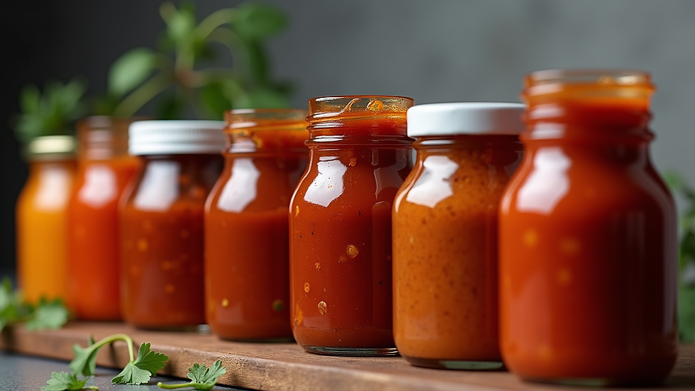 Eye-level view of BBQ sauces in jars with different colours and textures