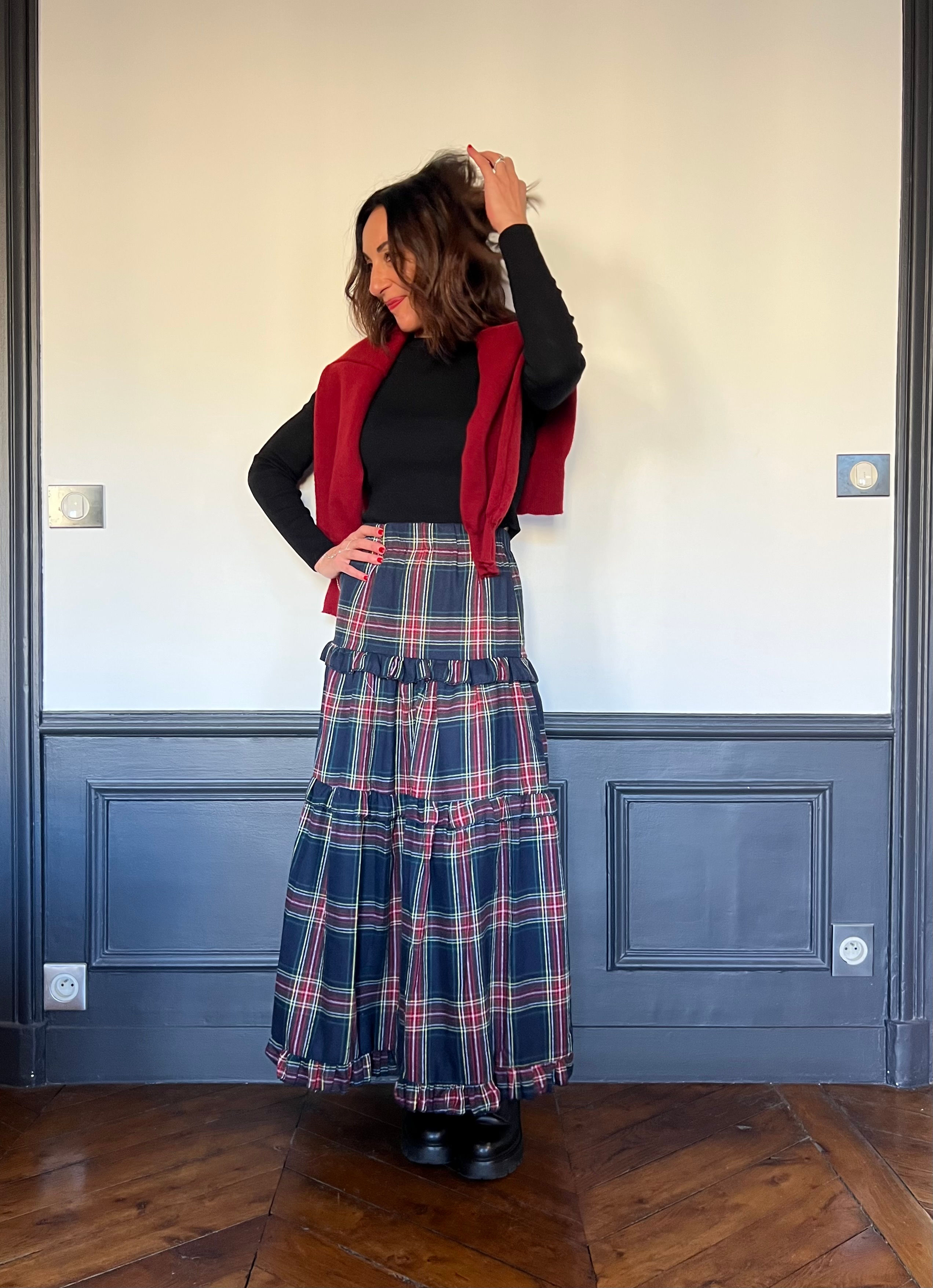 Jupe longue à Carreaux navy et rouge