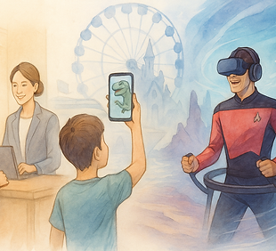 A cartoon illustrating future experiences, e.g. VR