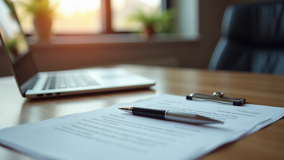 Eye-level view of a law office desk with legal documents and a pen