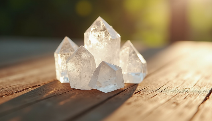 Close-up view of a cluster of clear quartz crystals on a wooden surface