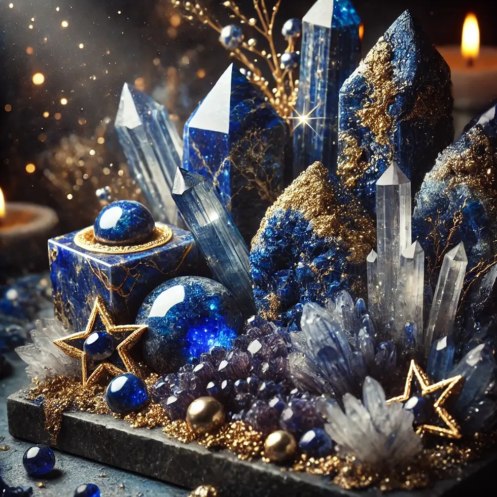 DALL·E 2024-08-20 08.33.50 - An enchanting display of Lapis Lazuli crystals, focusing on t