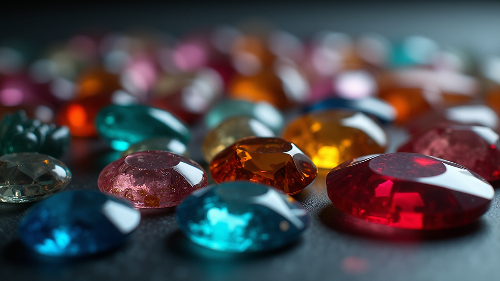 Close-up view of a collection of colorful gemstones on a dark surface