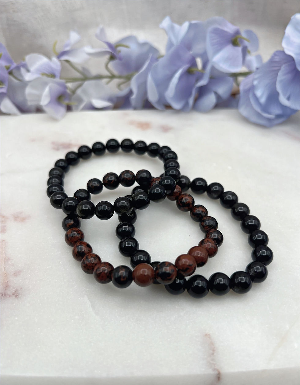 Miniatura: Obsidian Bead Bracelets: Mahogany, Silver & Gold Sheen for Protection
