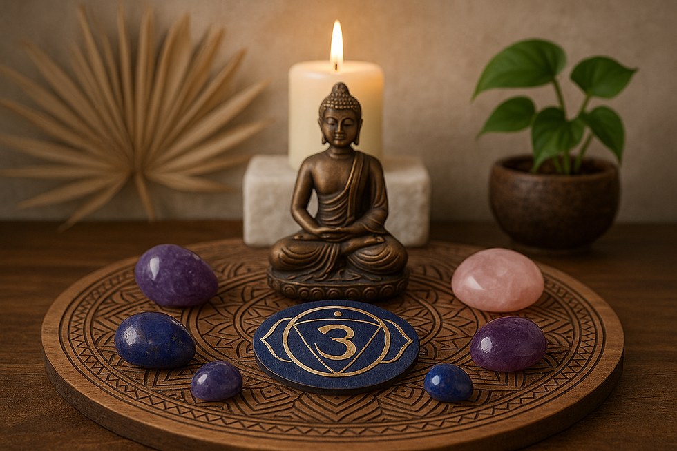Eye-level view of a meditation setup with crystals and candles