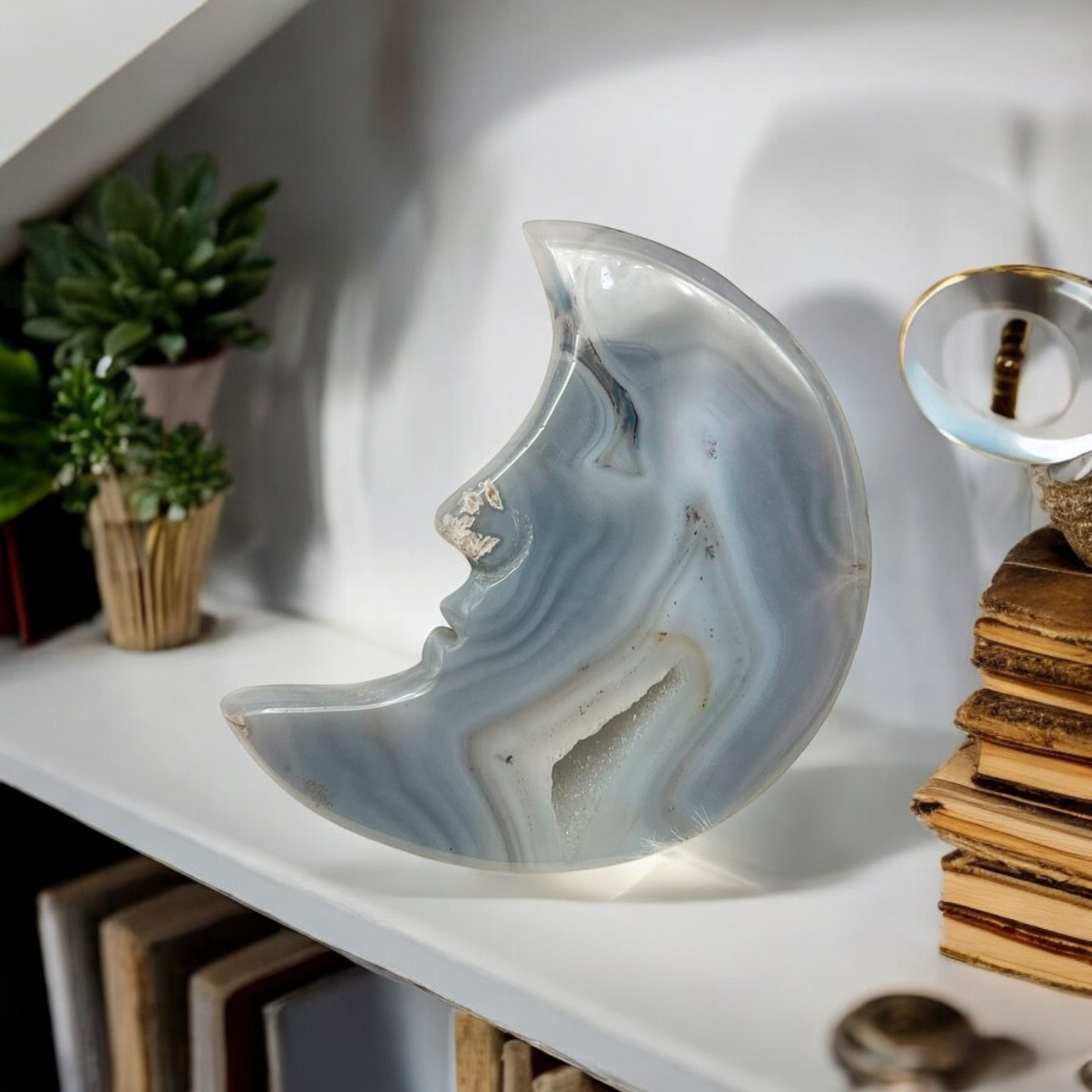 Celestial Serenity: Druzy Agate Crescent Moon Carving